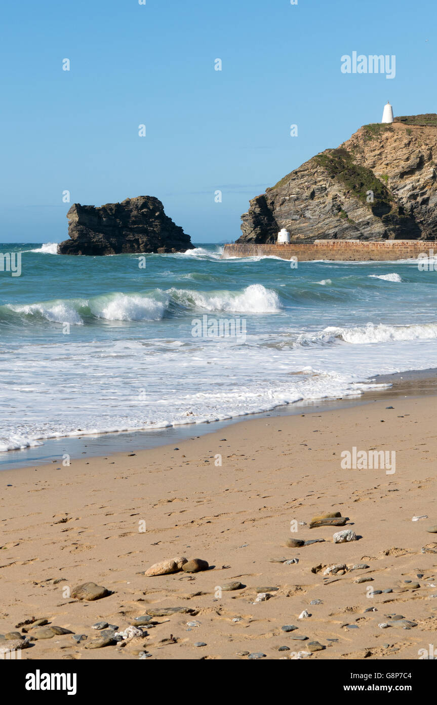 Portreath pier sandy beach shore waves, Cornwall England UK. Stock Photo