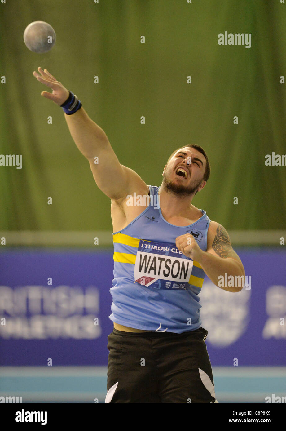 Joey Watson takes part in the Men's Shot Put during day two of the