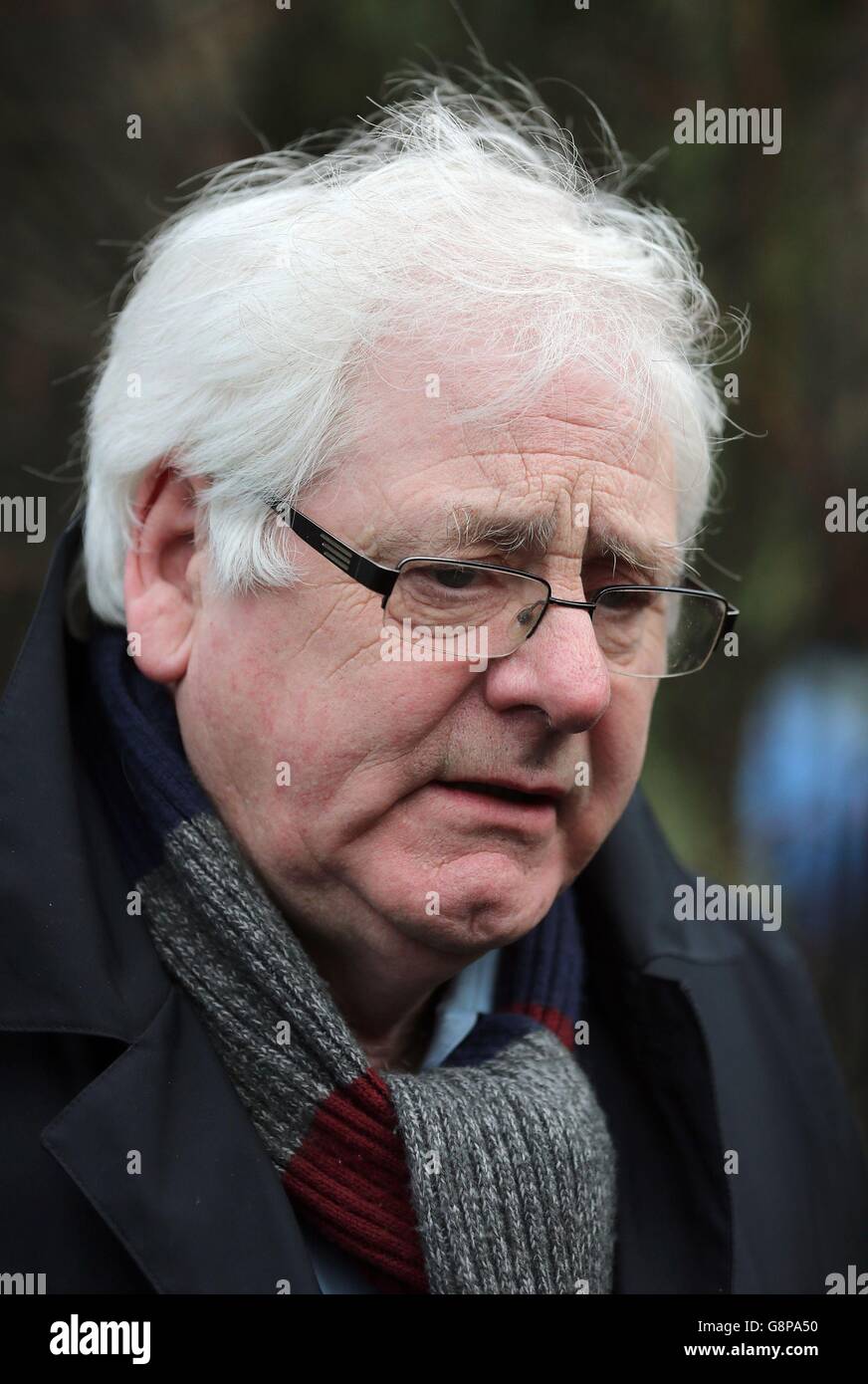 Michael Gallagher, who lost his son Aiden in the Omagh bombings, arrives at Ballymena Court, as Mr Gallagher said he was unhappy that information was circulating about the collapse of the case, yet he and other families had not been informed by the authorities. Stock Photo