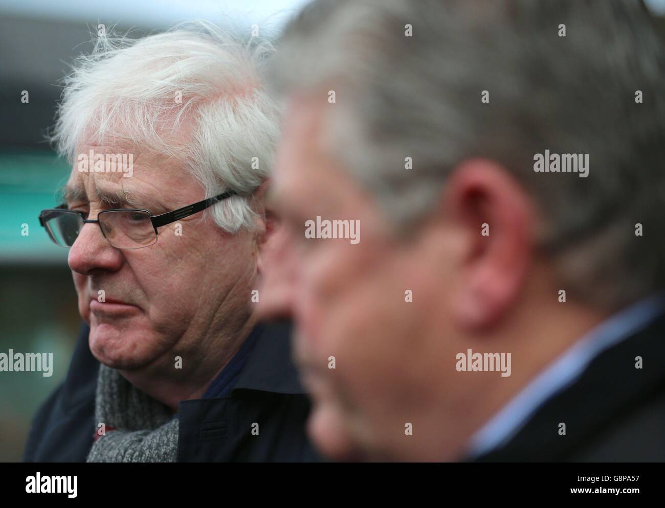 Michael Gallagher (left) who lost his son Aiden, and Stanley McComb, who lost his wife Ann in the Omagh bombings, arrive at Ballymena Court, as Mr Gallagher said he was unhappy that information was circulating about the collapse of the case, yet he and other families had not been informed by the authorities. Stock Photo