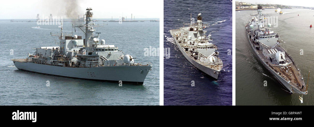 File photos of Left to right: HMS Grafton, HMS Marlborough and HMS Norfolk. An agreement was signed Wednesday 7 September 2005 for the sale of three former Royal Navy warships to Chile. The Type 23 frigates HMS Norfolk, HMS Grafton and HMS Marlborough are due to be delivered to the Chilean Navy at the end of 2008. The deal, signed by defence procurement minister Lord Drayson and Chilean Minister of Defence Jaime Ravinet, follows the sale of HMS Sheffield - now renamed the Almirante Williams - to Chile in 2003. See PA Story DEFENCE Frigates. PRESS ASSOCIATION Photo. MANDATORY Photo credit Stock Photo