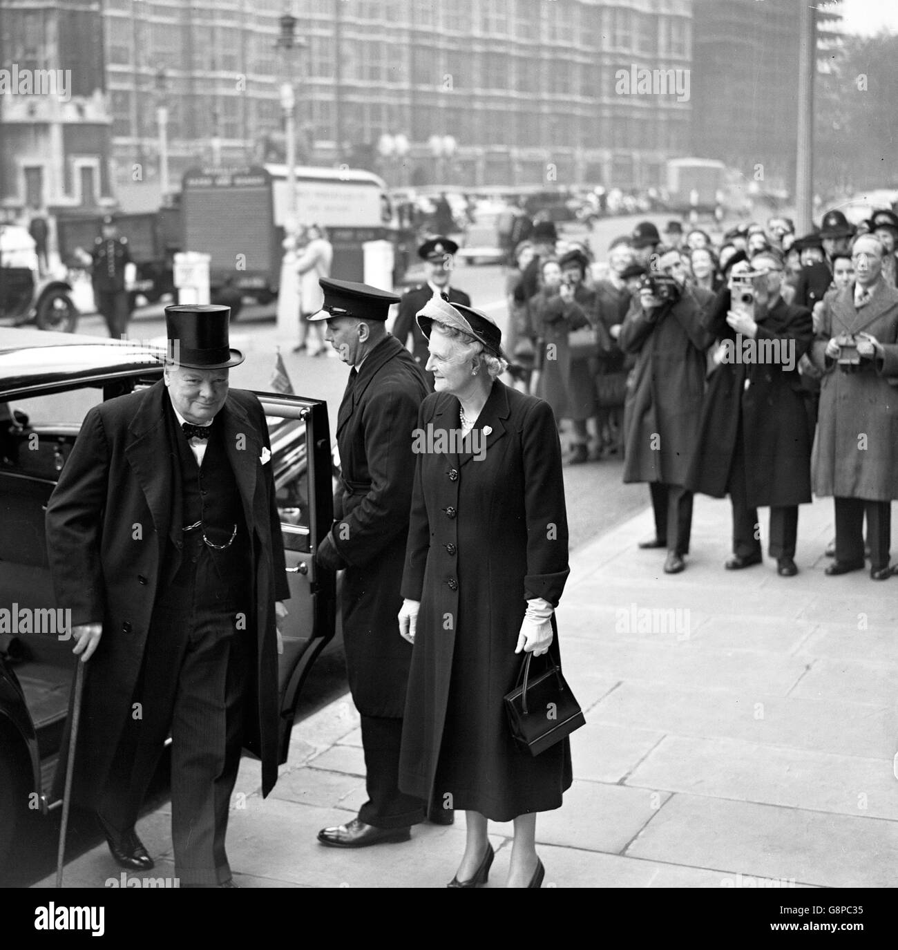 Winston Churchill on his way to St. Margaret's Church for the wedding of Lady Margaret Egerton and John Colville. Stock Photo