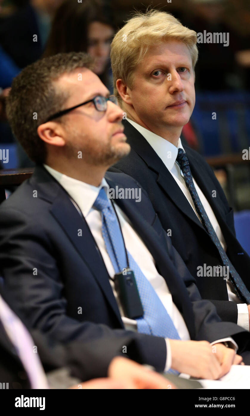 Universities Minister Jo Johnson (right) sits with Carlos Moedas EU Commissioner for Research Science and Inovation, prior to giving a speech on science, universities and the EU at the Babbage Lecture Theatre, University of Cambridge in Cambridge. Stock Photo