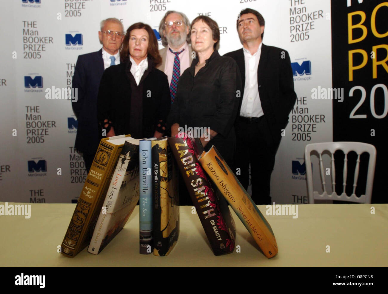 The literary judges of the Man Booker Prize (back, l-r) Chair John Sutherland, Josephine Hart, Rick Gekoski, Lindsey Duguid and David Sexton gather to announce this year's shortlist of authors and novels in London Thursday September 8, 2005. The Booker Prize, which is now in its 37th year, is supposed to represent the best of contemporary fiction with a judging panel comprising literary critics, academics and other writers coming to a winning decision next month. See PA story ARTS Booker. PRESS ASSOCIATION PHOTO. Picture credit should read: Andrew Stuart/PA Stock Photo