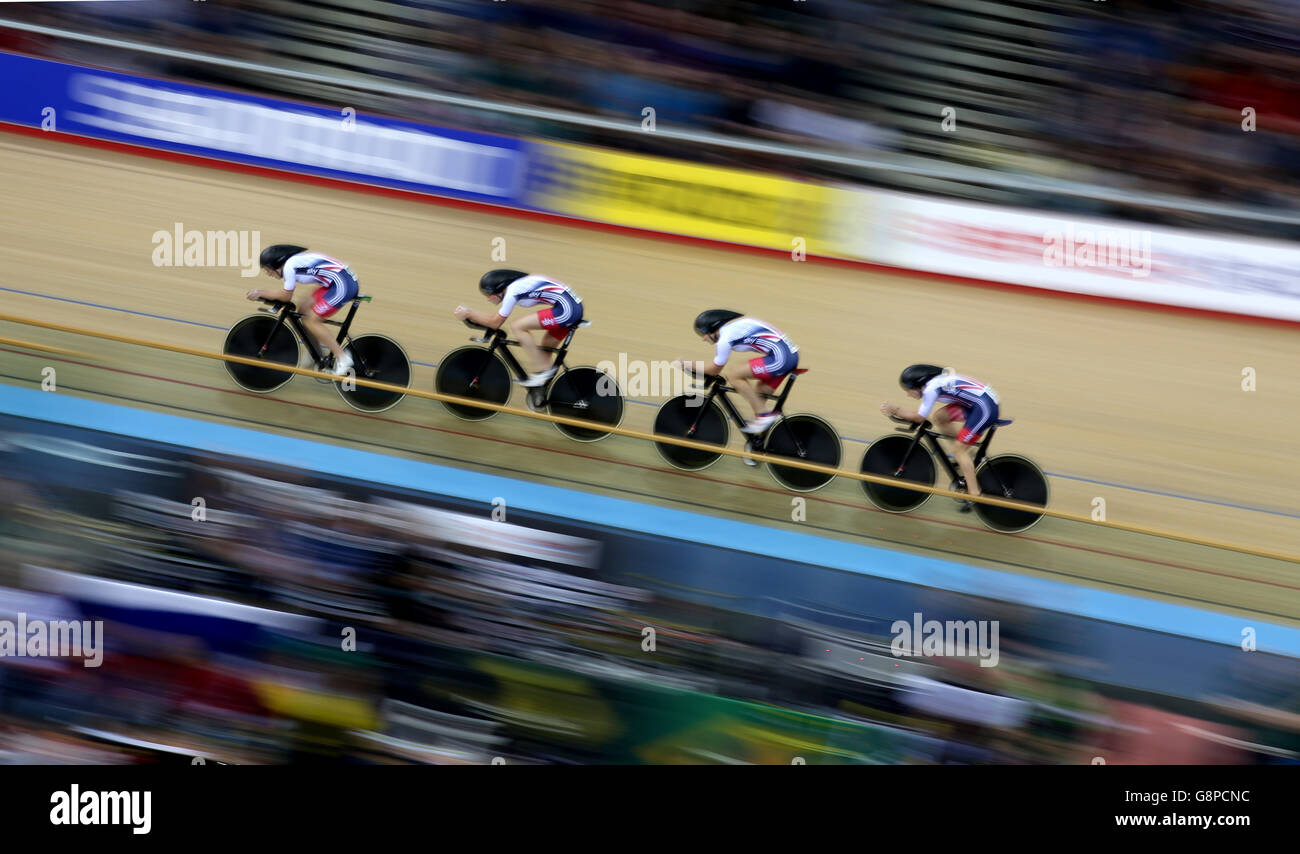 Great Britain's Laura Trott, Elinor Barker, Ciara Horne and Joanna Rowsell-Shand compete in the Women's Team Pursuit during day two of the UCI Track Cycling World Championships at Lee Valley VeloPark, London. Stock Photo