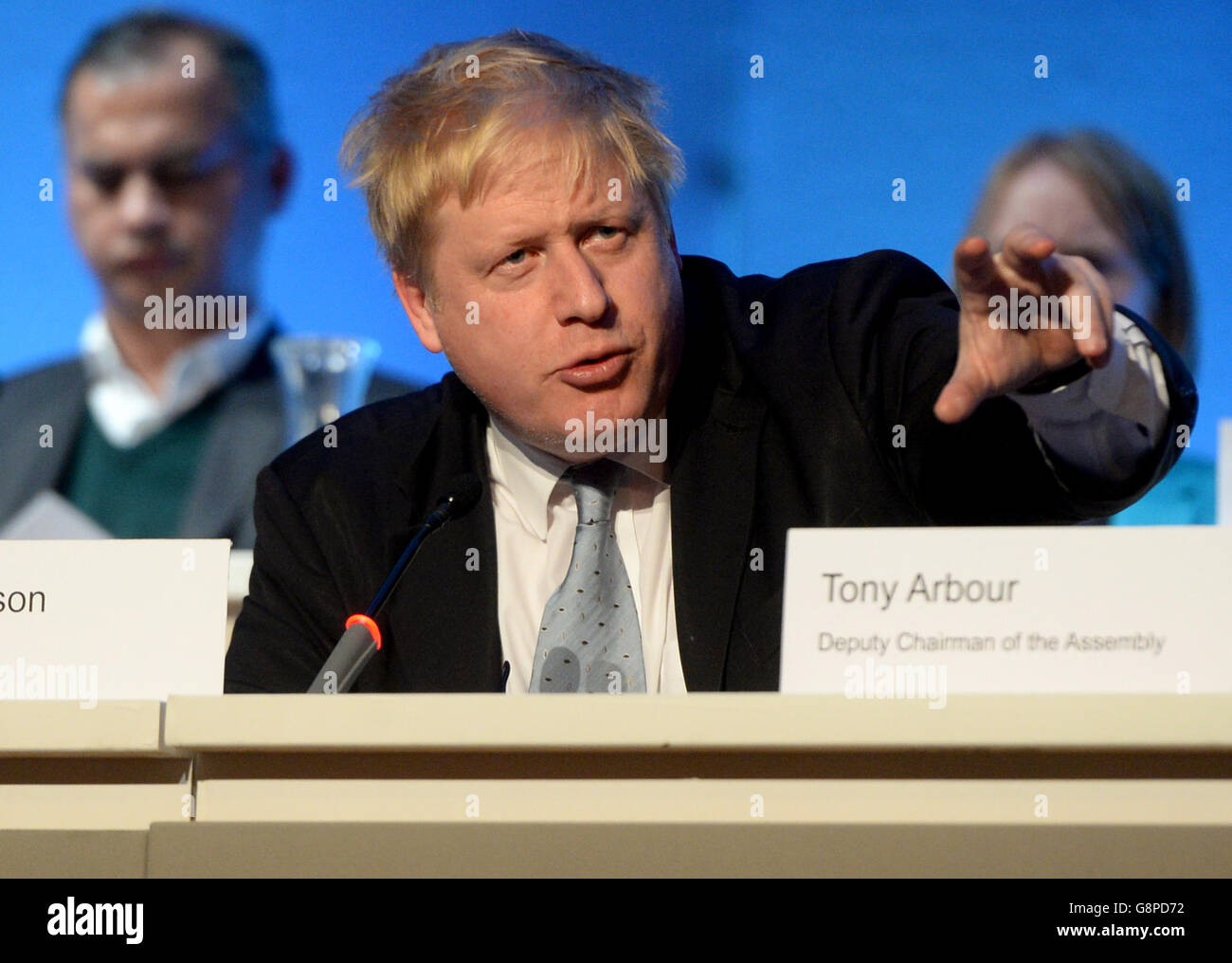 Mayor of London Boris Johnson speaks at the People's Question Time, his last as Mayor, at the Fairfield Hall, Croydon. Stock Photo