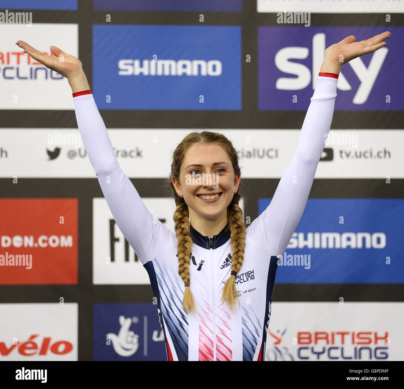 Great Britain's Laura Trott on the podium after winning the Women's Omnium during day five of the UCI Track Cycling World Championships at Lee Valley VeloPark, London. Stock Photo