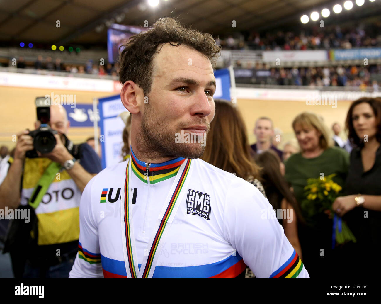 Great Britain's Mark Cavendish after winning the Men's Madison during day five of the UCI Track Cycling World Championships at Lee Valley VeloPark, London. Stock Photo