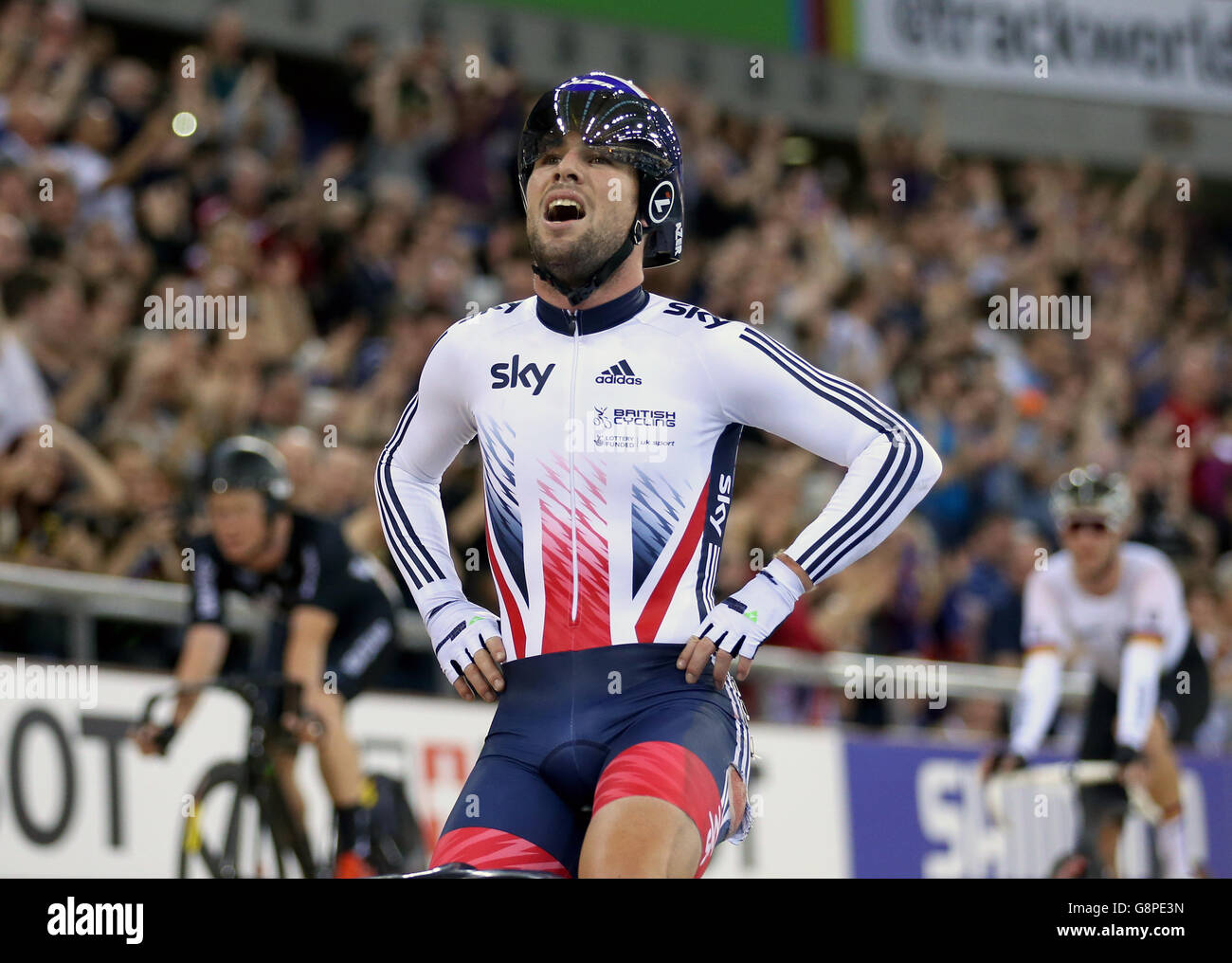 Great Britain's Mark Cavendish celebrates after winning the Men's Madison during day five of the UCI Track Cycling World Championships at Lee Valley VeloPark, London. Stock Photo