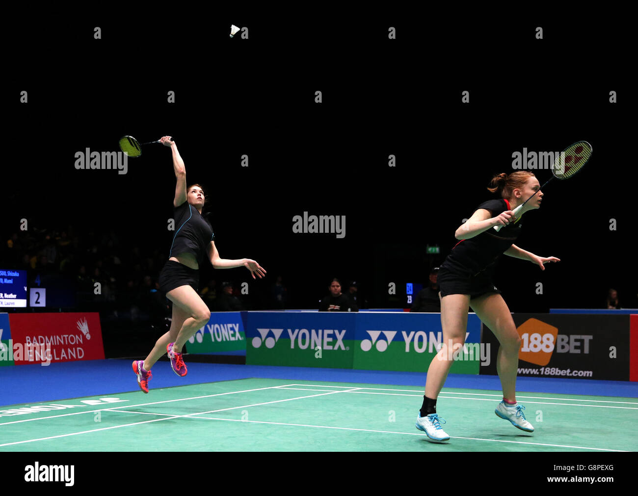England's Heather Olver (left) and Lauren Smith in action during their women's doubles match in action during day one of the YONEX All England Open Badminton Championships at the Barclaycard Arena, Birmingham. Stock Photo