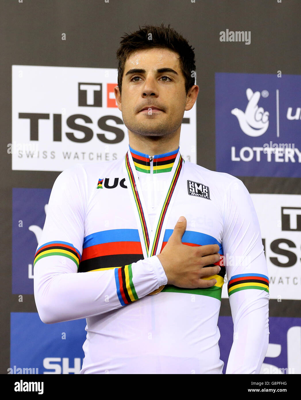 Spain's Sebastian Mora Vedri with his gold medal after winning the Men's Scratch Race during day one of the UCI Track Cycling World Championships at Lee Valley VeloPark, London. Stock Photo