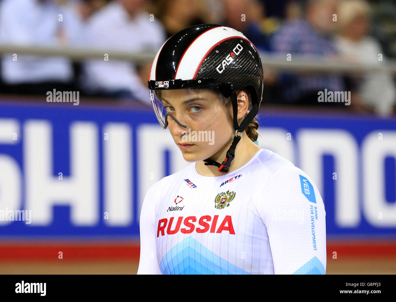 Russia's Daria Shmeleva competes in the Women's Team Sprint during day one of the UCI Track Cycling World Championships at Lee Valley VeloPark, London. Stock Photo