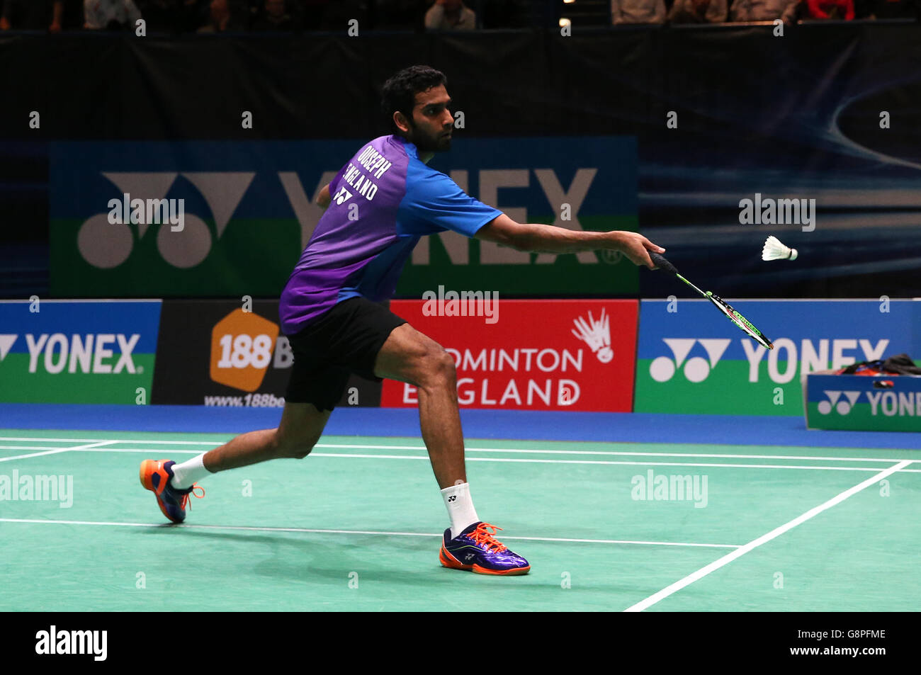 England's Rajiv Ouseph in action during his single's match match during day one of the YONEX All England Open Badminton Championships at the Barclaycard Arena, Birmingham. Stock Photo