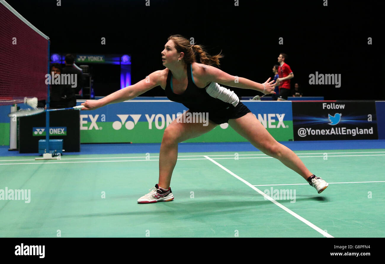 England's Victoria Williams in action during her double's match match during day one of the YONEX All England Open Badminton Championships at the Barclaycard Arena, Birmingham. Stock Photo