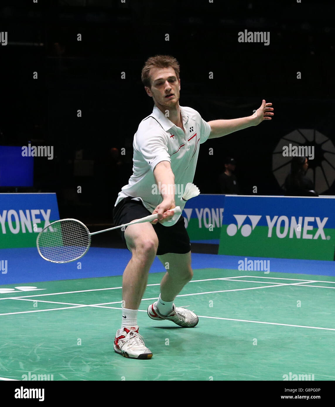 England's Harley Towler in action during his double's match during day one of the YONEX All England Open Badminton Championships at the Barclaycard Arena, Birmingham. Stock Photo