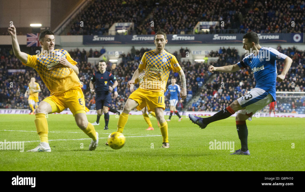 Jason Scotland Rangers Rangers' Jason Holt shoots wide past Morton's Michael Miller (left) and ...
