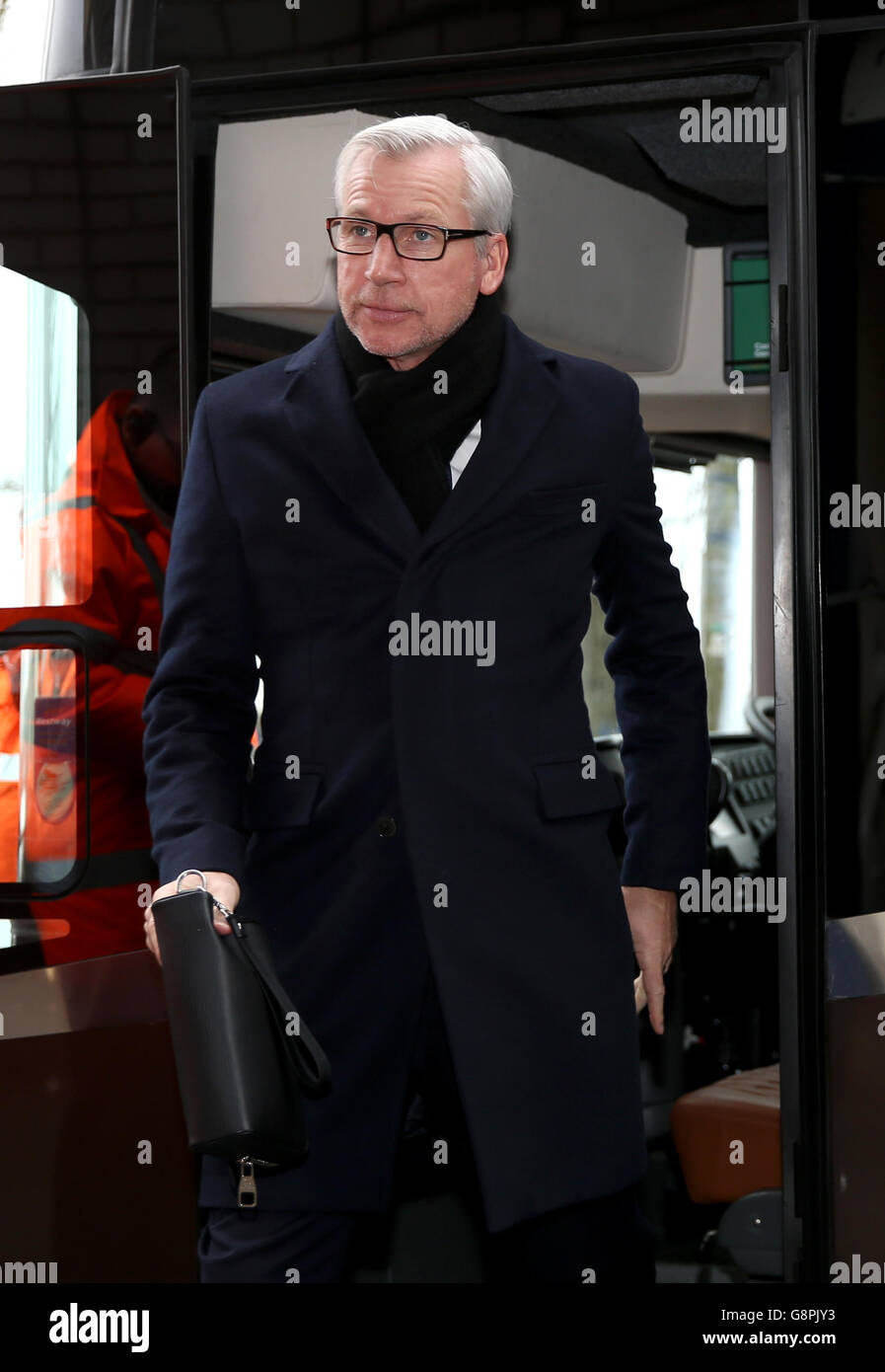 Crystal Palace manager Alan Pardew steps off the team coach before the Barclays Premier League match at The Hawthorns, West Bromwich. Stock Photo