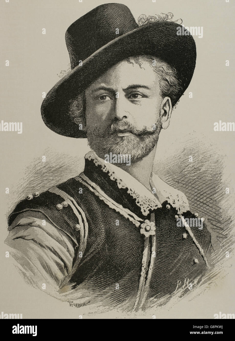 Victor Maurel (1848-1923). French baritone. Portrait. Engraving by P. Ros in  'La Ilustración Artística', 1885. Stock Photo