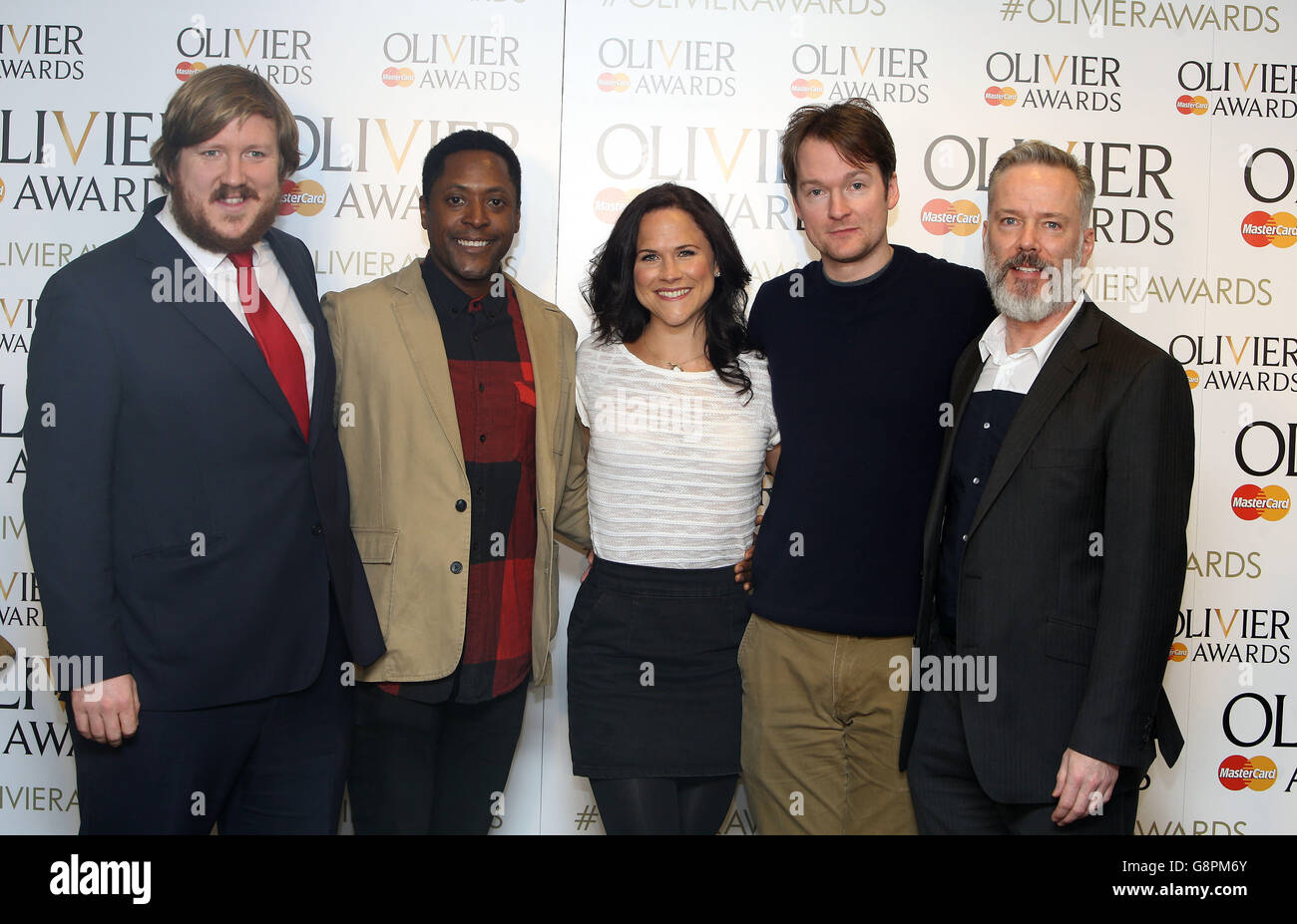 (left to right) Kinky Boots cast members Jamie Baughan, Matt Henry, Amy Ross, Killian Donnelly and Michael Hobbs attend the Olivier Awards 2016 nominations announcement at the Rosewood London. Stock Photo