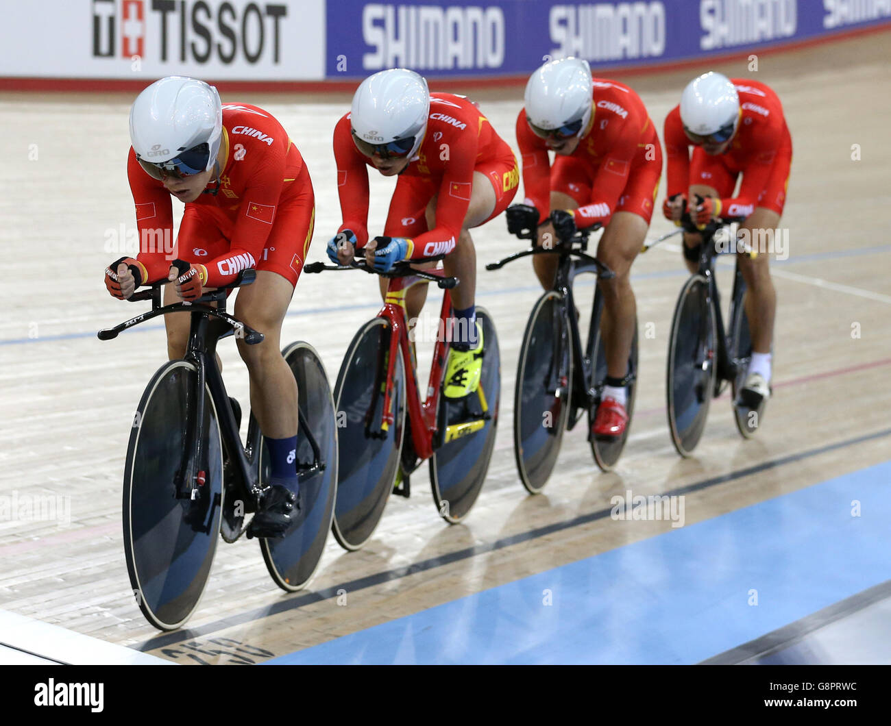 China's (L-R) Chen Lu Qin, Ping An Shen, Yang Fan and Hao Liu compete in the Men's Team Pursuit Qualifying during day one of the UCI Track Cycling World Championships at Lee Valley VeloPark, London. PRESS ASSOCIATION Photo. Picture date: Wednesday March 2, 2016. See PA story CYCLING World. Photo credit should read: Tim Goode/PA Wire. Stock Photo