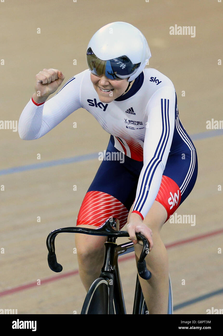 Great Britain's Jessica Varnish celebrates after competing in the Women's Team Sprint during day one of the UCI Track Cycling World Championships at Lee Valley VeloPark, London. Stock Photo