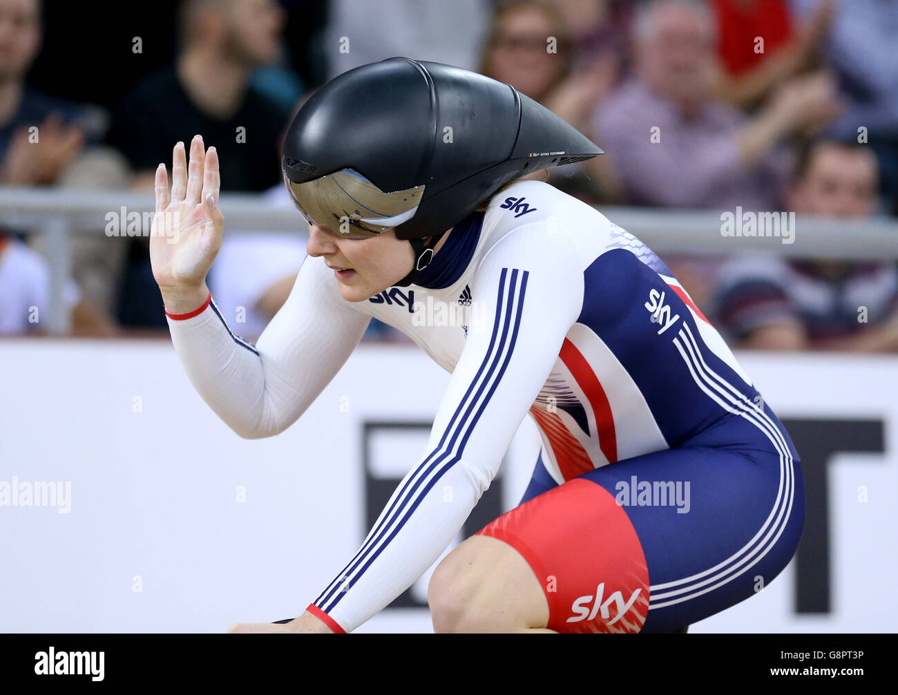 Great Britain's Katy Marchant celebrates after competing in the Women's Team Sprint during day one of the UCI Track Cycling World Championships at Lee Valley VeloPark, London. Stock Photo