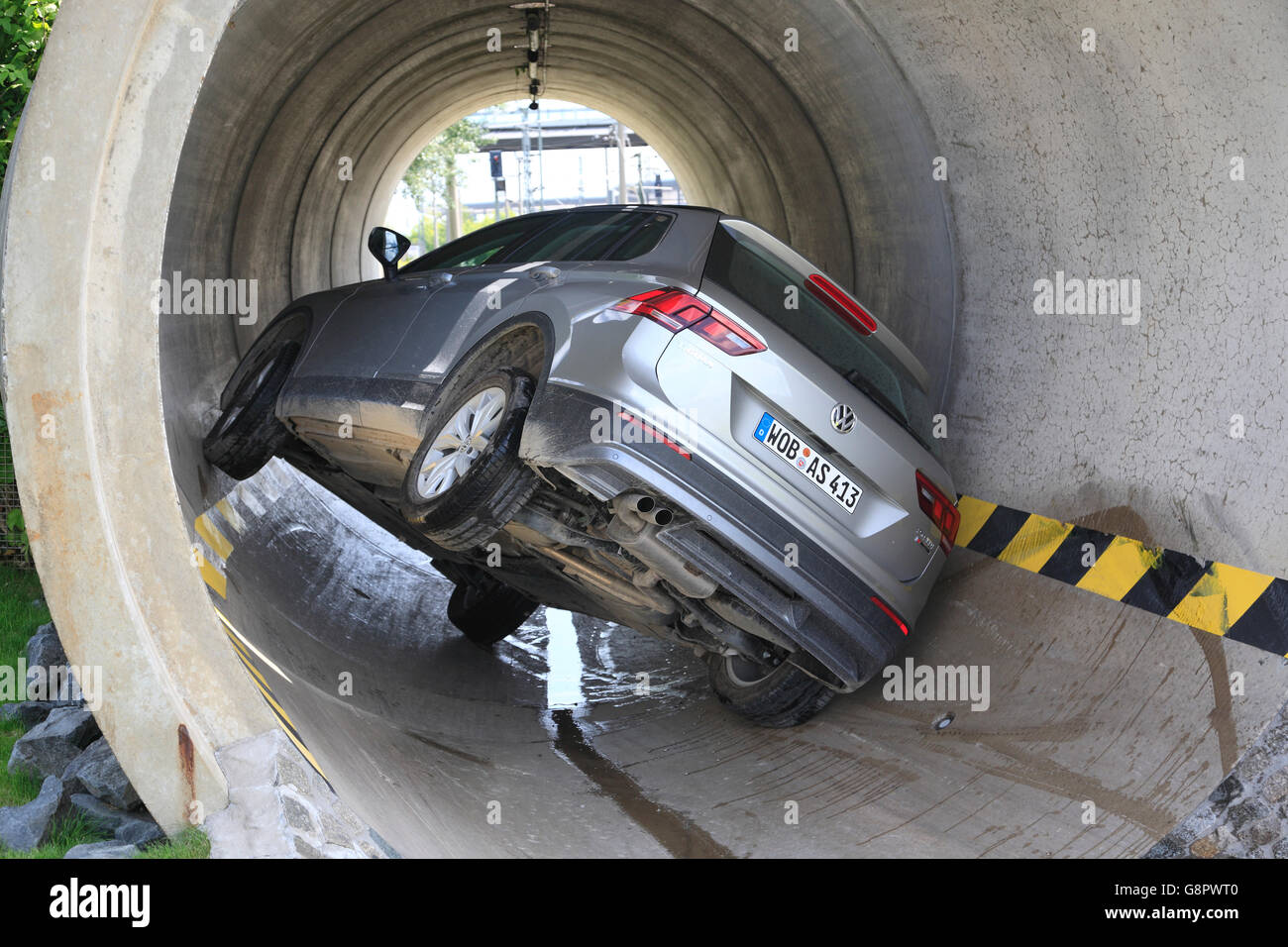 Wolfsburg, four-Wheel VW car on obstacle track near VW Autostadt, Lower Saxony, Germany, Europe Stock Photo
