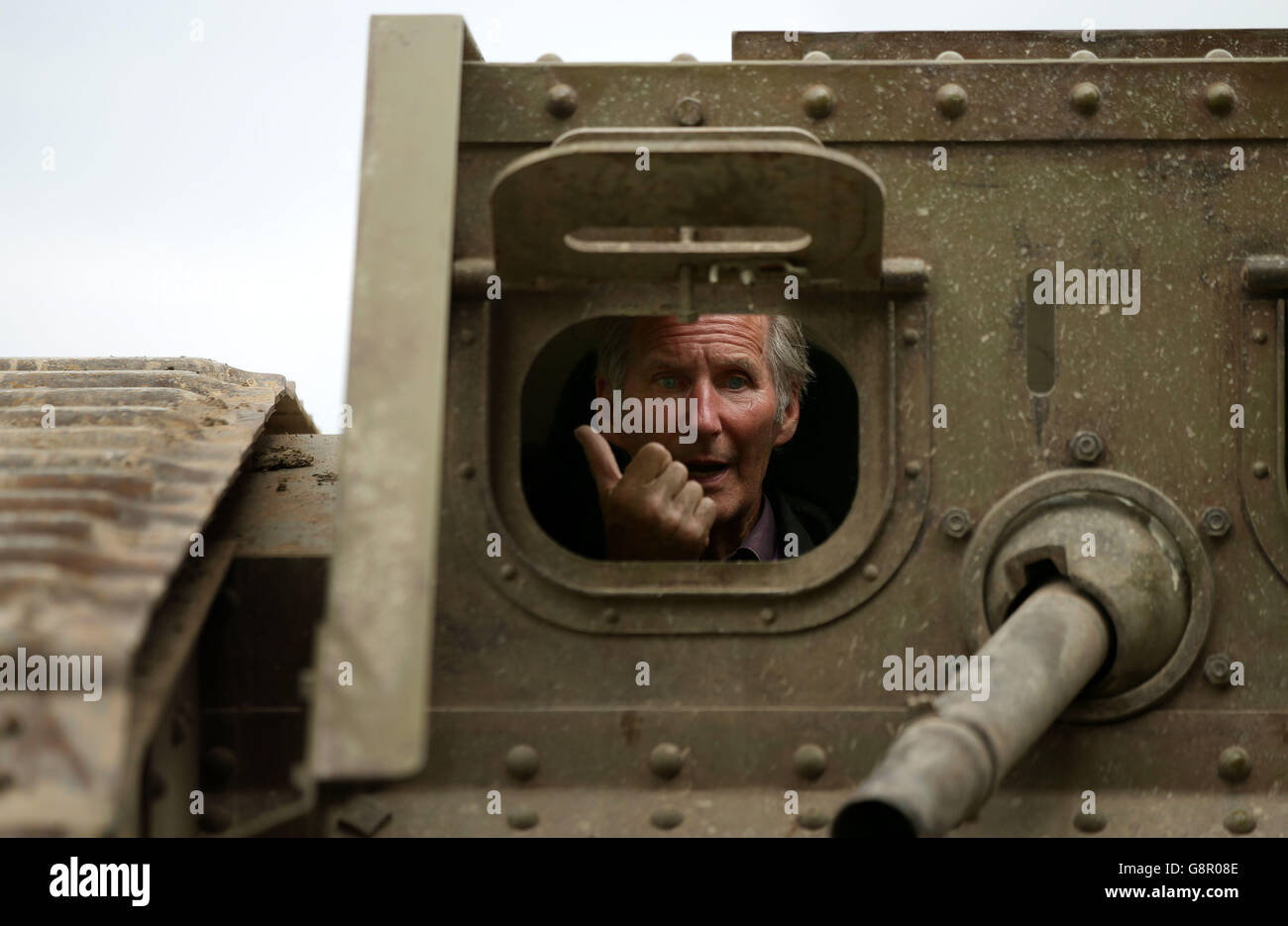 Mike Hayton from the Tank Museum at Bovington in Dorset, drives a replica of a MK 4 WW1 tank in to position as part of a display ahead of the Commemoration of the Centenary of the Battle of the Somme at the Commonwealth War Graves Commission Thiepval Memorial in Thiepval, France. Stock Photo