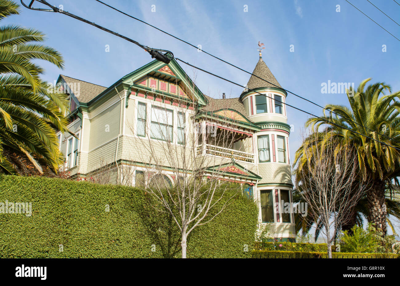 Petaluma California old Victorian home with stained glass and green