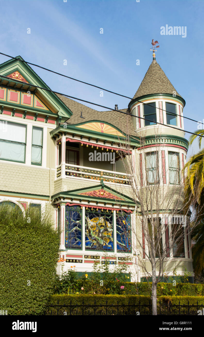 Petaluma California old Victorian home with stained glass and green