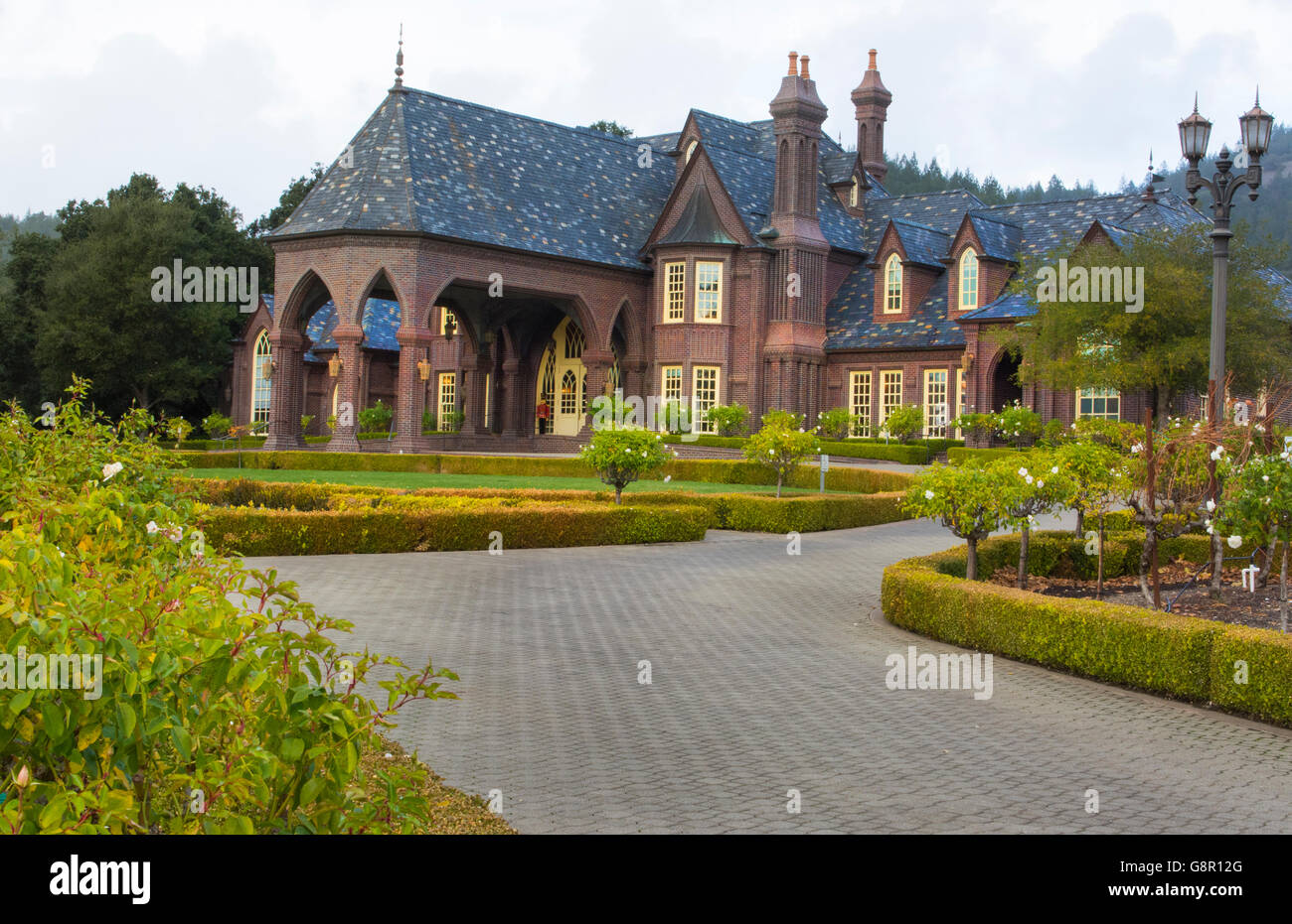 Sonoma Valley California chateau of Ledson Winery vineyards wine castle Kenwood CA Stock Photo