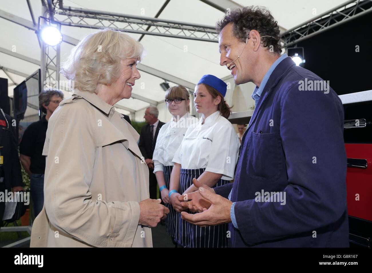 The Duchess of Cornwall meets celebrity gardener Monty Don at the 154th Royal Norfolk Show in Norwich, Norfolk. Stock Photo