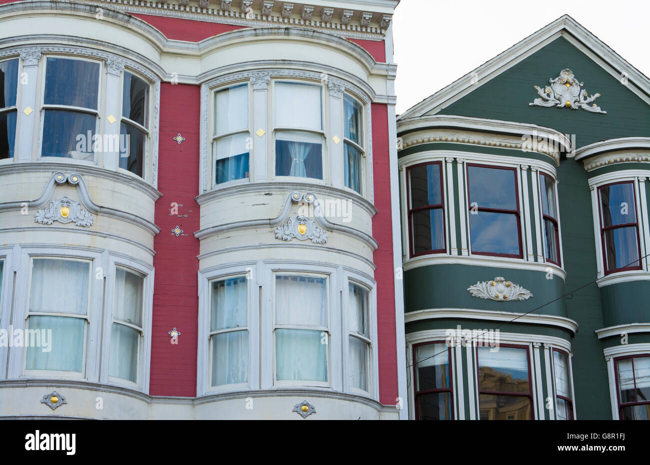 San Francisco California sections of old Victorian homes with windows and color in Baker Street area Stock Photo