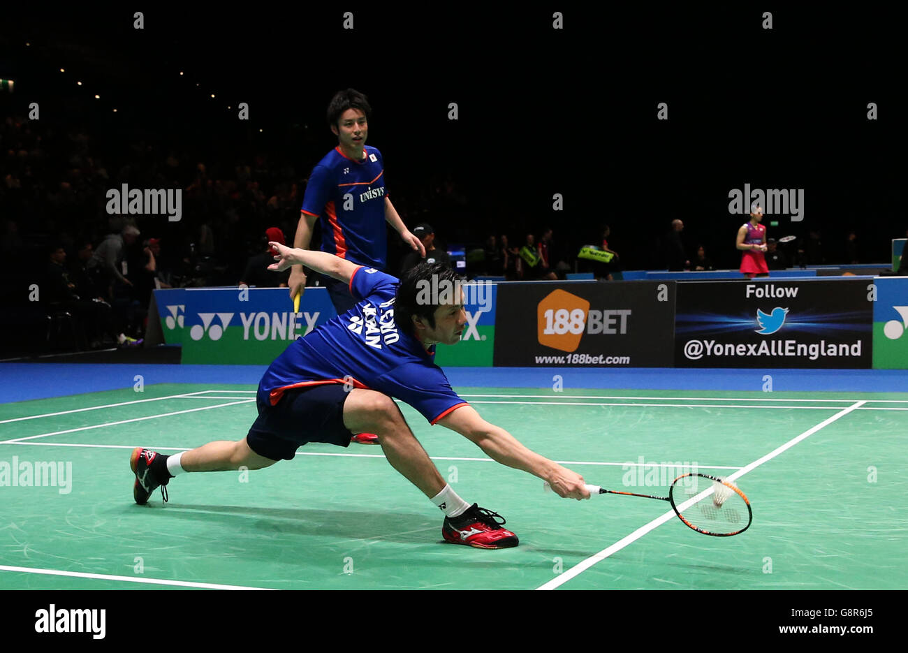 Japan's Kenichi Hayakawa (front) and Hiroyuki Endo during there doubles match during day two of the YONEX All England Open Badminton Championships at the Barclaycard Arena, Birmingham. PRESS ASSOCIATION Photo. Picture date: Thursday March 10, 2016. See PA story BADMINTON All England. Photo credit should read: Simon Cooper/PA Wire. Stock Photo