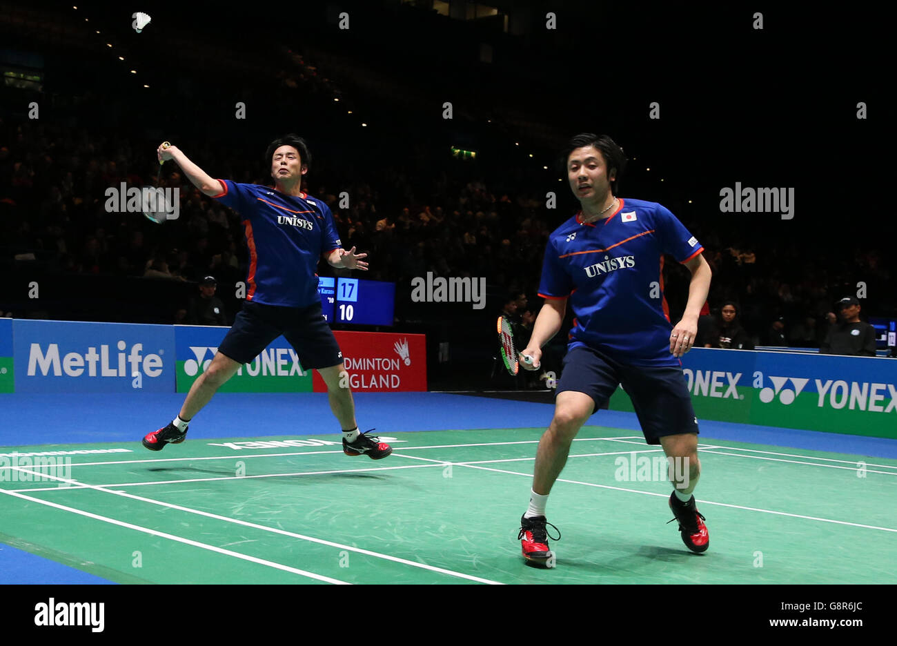 Japan's Kenichi Hayakawa (right) and Hiroyuki Endo during their doubles match on day two of the YONEX All England Open Badminton Championships at the Barclaycard Arena, Birmingham. PRESS ASSOCIATION Photo. Picture date: Thursday March 10, 2016. See PA story BADMINTON All England. Photo credit should read: Simon Cooper/PA Wire. Stock Photo