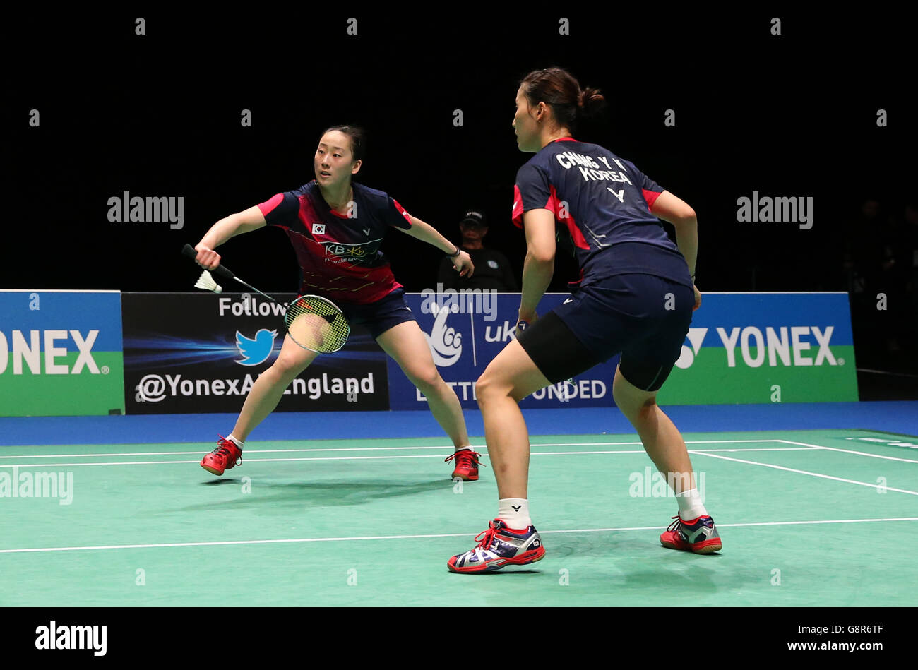 South Korea's So Hee Lee (left) and Ye Na Chang during their doubles match on day two of the YONEX All England Open Badminton Championships at the Barclaycard Arena, Birmingham. Stock Photo