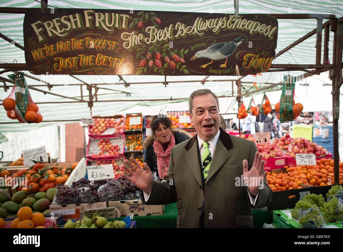 UKIP leader Nigel Farage campaigns for Britain to leave the EU during a walkabout, in support of Brexit campaign's 'super Saturday', in Romford Market in Essex where he met shoppers and local Conservative MP Andrew Rosindell. Stock Photo