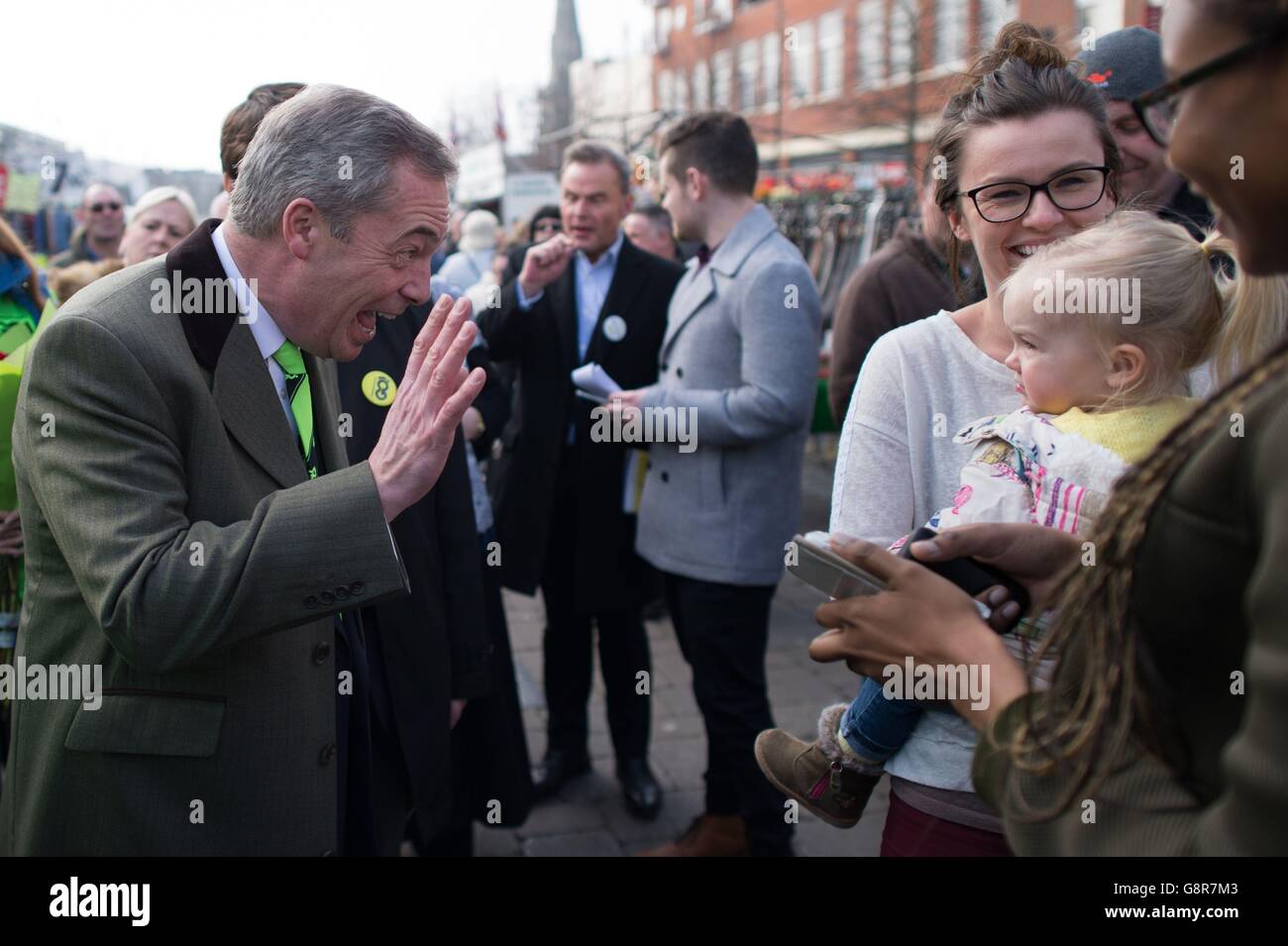 UKIP leader Nigel Farage campaigns for Britain to leave the EU during a walkabout, in support of Brexit campaign's 'super Saturday', in Romford Market in Essex where he met shoppers and local Conservative MP Andrew Rosindell. Stock Photo