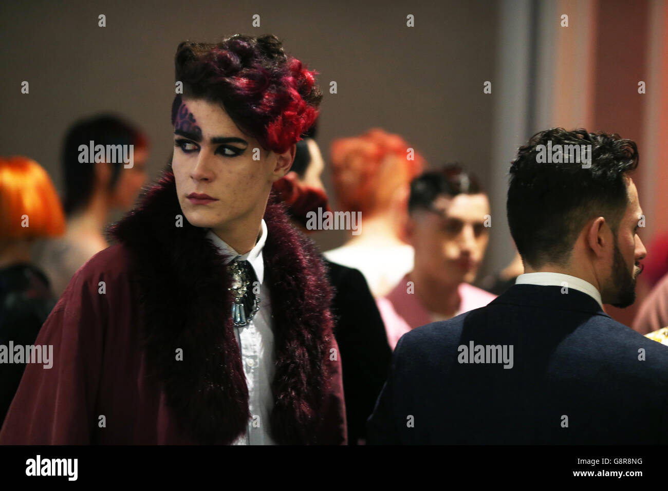 Models gather for the competition during the Irish Hairdressing Championsips at the Double Tree by Hilton hotel in Dublin. Stock Photo