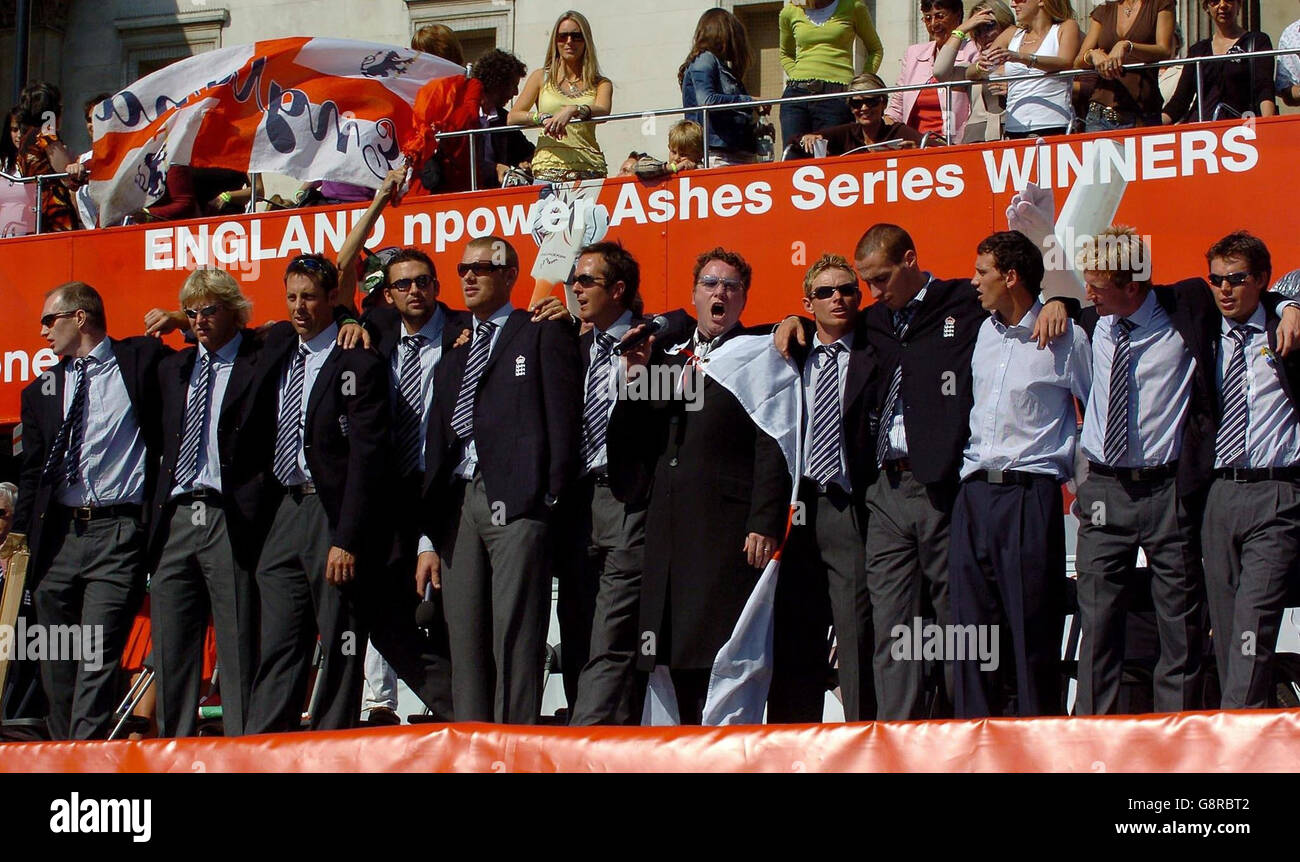 The England cricket team celebrate at Trafalgar Square during the Ashes ...