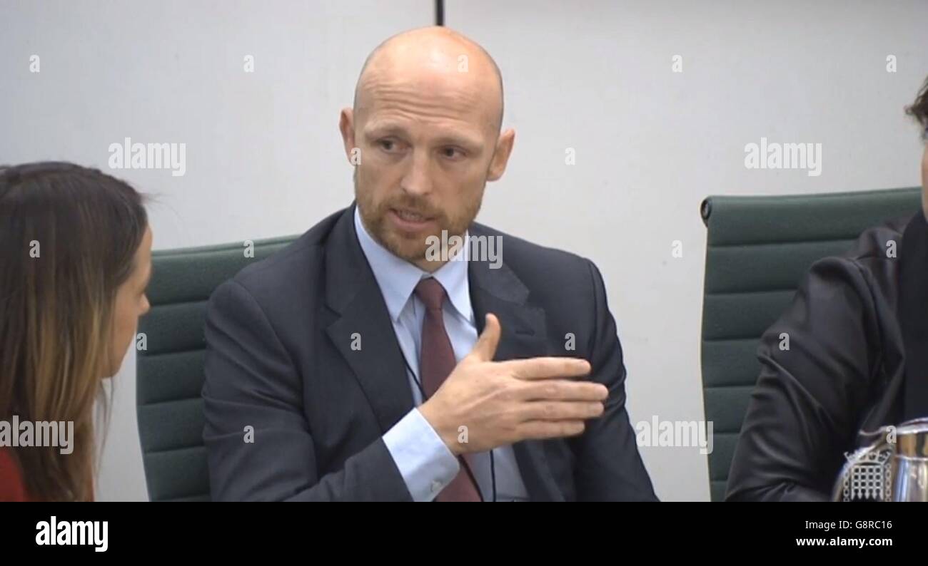 Ex-England rugby captain and BBC presenter Matt Dawson speaks as the Health and Petitions committee hear evidence from bereaved parents following a mass petition on the meningitis B vaccine. Stock Photo