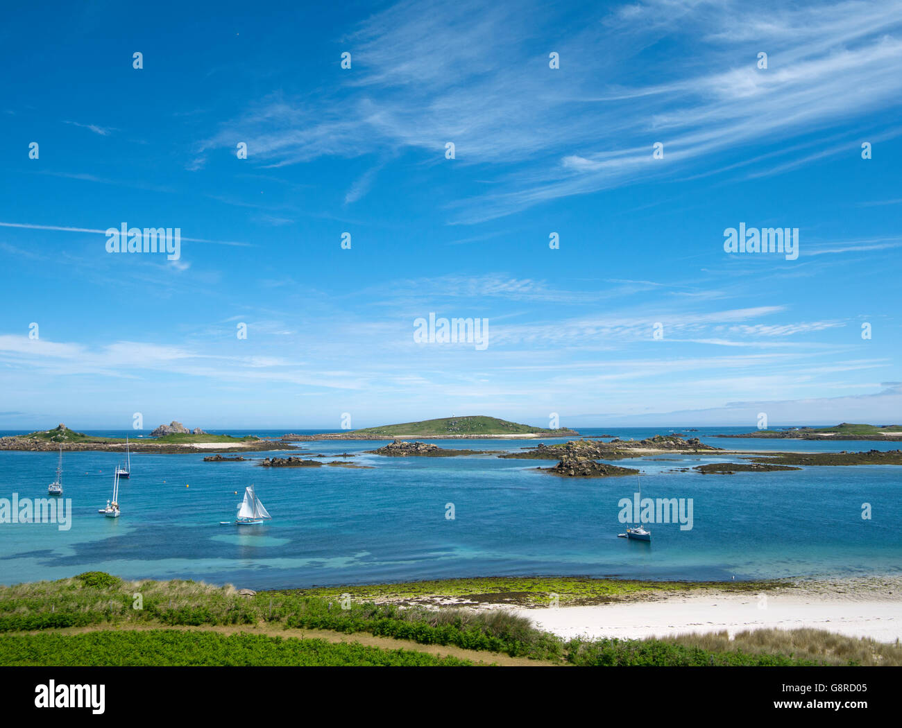Looking from Blockhouse, Tresco Isles of Scilly.  Islands Northwethel, Men-a-Vaur, St. Helens and part of Tean Stock Photo