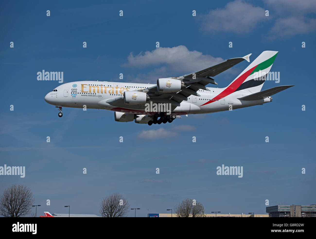 Airbus A 380-861 Registration A6-EEB Passenger Airliner coming in to London Heathrow.  SCO 10,478. Stock Photo