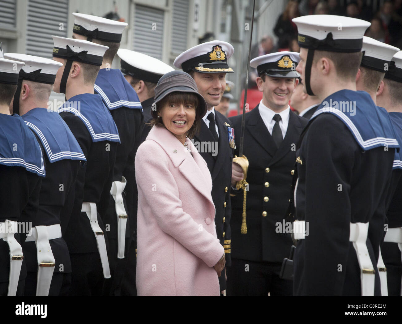 Sponsor Lady Zambellas, who named HMS Artful at her launch in Barrow in Furness in 2014, during a commissioning ceremony at Faslane naval base on the Clyde where the 7,400-tonne nuclear-powered submarine officially joined the Royal Navy fleet. Stock Photo