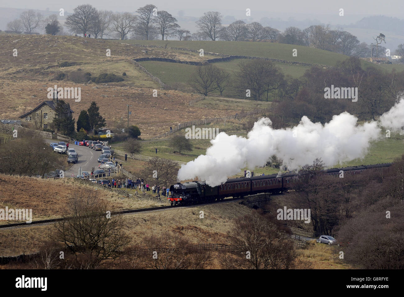 The Flying Scotsman steams across the North Yorks Moors during its first weekend on the North Yorks Moors Railway. Stock Photo