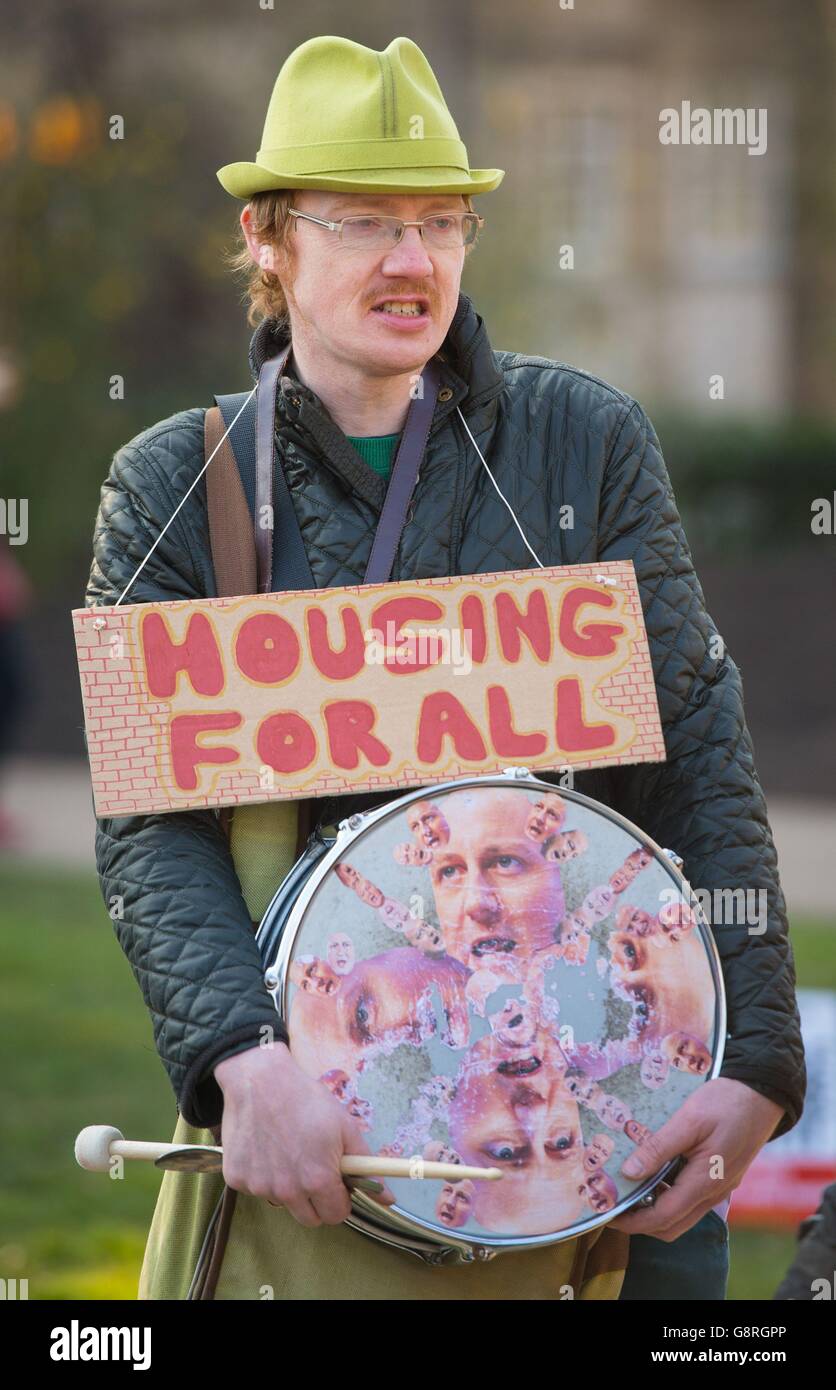 A demonstrator during a protest against the government's Housing Bill, in Westminster, central London. Stock Photo