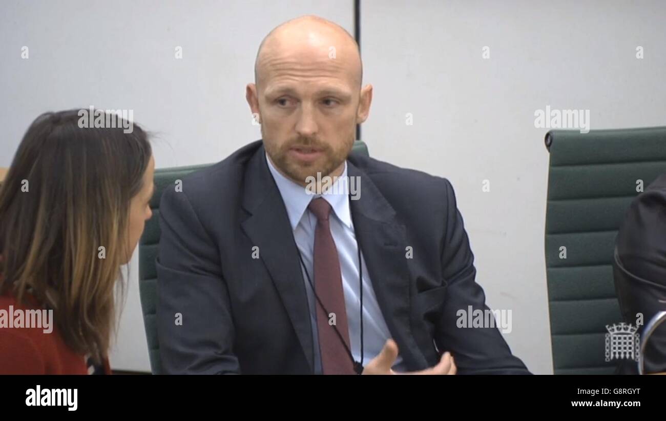 Ex-England rugby captain and BBC presenter Matt Dawson speaks as the Health and Petitions committee hear evidence from bereaved parents following a mass petition on the meningitis B vaccine. Stock Photo