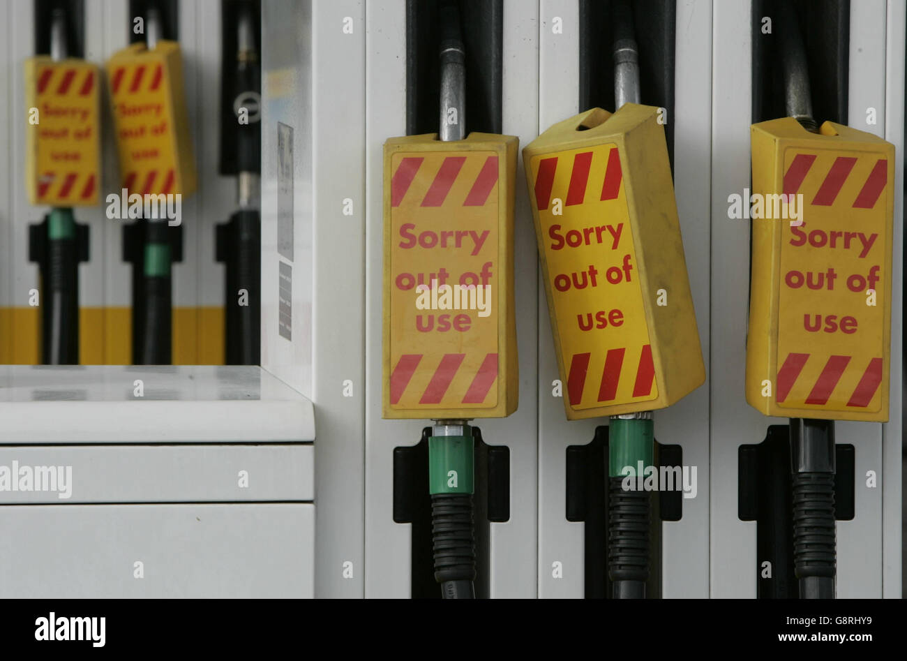 Rows of closed pumps at a Shell filling station in Manchester today as panic buying lead to fuel shortages ahead of proposed fuel protests. Stock Photo