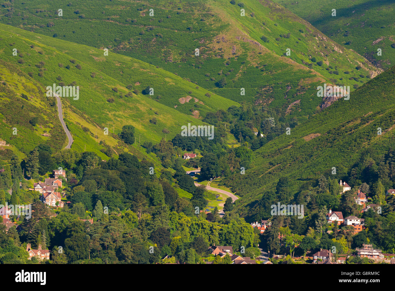 Looking into Carding Mill Valley in Church Stretton from Gaer stone in South Shropshire, England, UK. Stock Photo