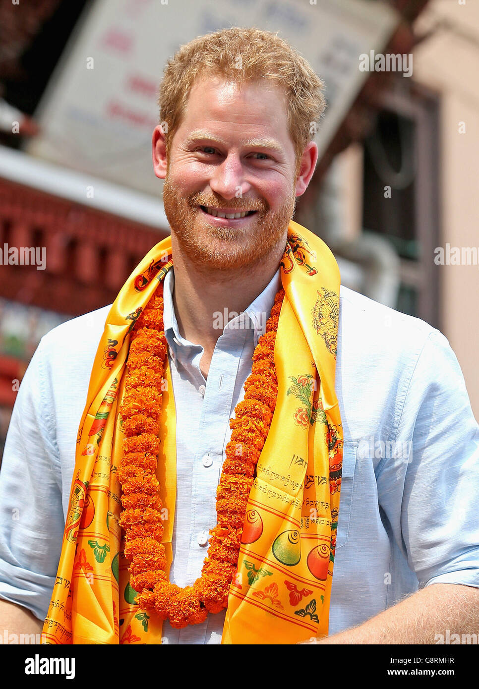 Prince Harry arrives to visit Hiranya Varna Mahavihar, know locally as the Golden Temple, in Kathmandu, during the second day of his tour of Nepal. Stock Photo